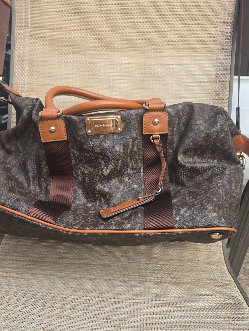 Michael Kors Brown Monogram Duffel Bag with Tan Accents